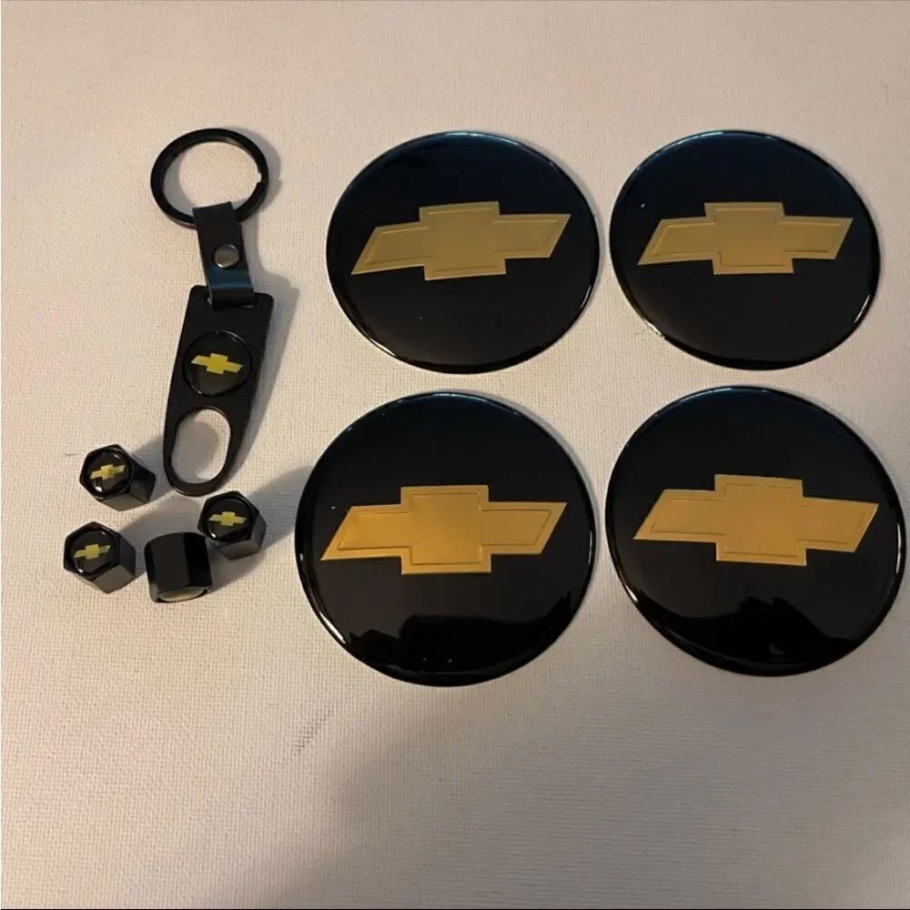 Chevrolet Logo Keychain Valve Stem Caps and Wheel Center Cap Stickers Black NWT